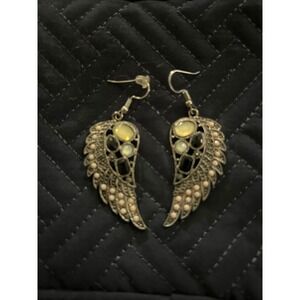 Wing‎ Earrings Gold Tone Yellow Black and White Gemstone Drop Dangle